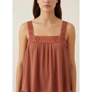 Lucky Brand Top Womens Small Brown Lace Up Tank Embroidered